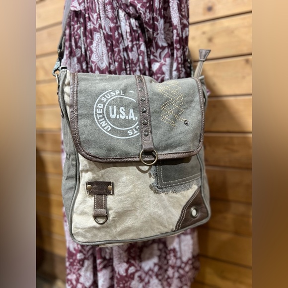 Myra Bag Crossbody Messenger – Canvas & Leather Military Stamp Rustic Boho Style - Picture 3 of 16